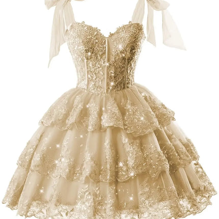 Sparkly Tiered Lace Tulle Homecoming Dresses Short Bow Straps Formal Prom Gowns Sweet 16