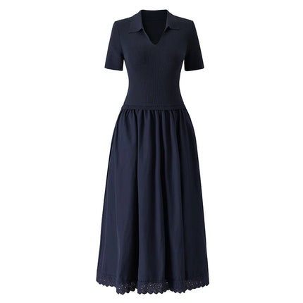 ZJYT Fashion Women's Knitted Patchwork Summer Dresses 2026 New Short Sleeve V Neck Casual Mid Calf Dress Female Vestidos Clothes