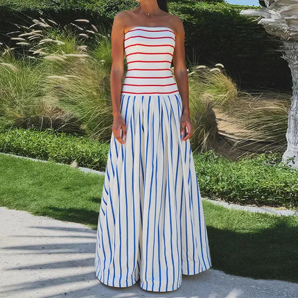 Fashion Contrast Color Stripe Printed Dress Elegant Off Shoulder Sleeveless Vacation Dress Summer Tube Tops Pleated A-line Dress