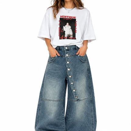 Women's Asymmetric Button Front Baggy Jeans, High Waist Vintage Washed Wide Leg Denim Pants Y2K Streetwear Loose Barrel Jeans for Daily Wear