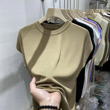 Women's T-shirt Summer O Neck Knitted Fashion Woman Blouse 2026 Short Sleeve Tees Solid Color Ice Silk Oversized T-shirt Women