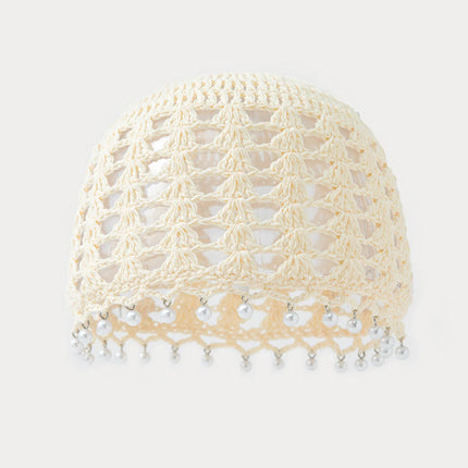 Korean Style Handmade Crochet Hat Women Summer Hollow Pearl Knitted Hat Fashion Mesh Hat Pullover Hat Cute And Sweet Beanie Hat