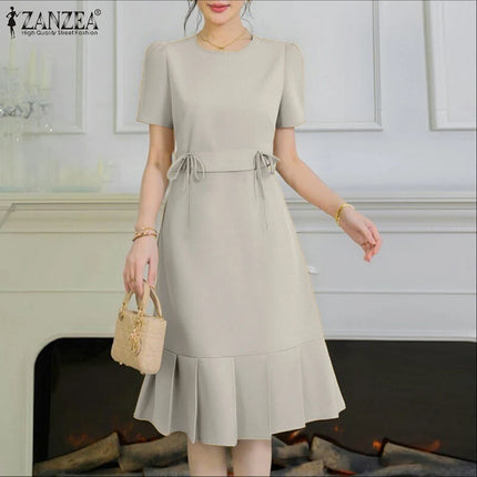 ZANZEA Women Party Dresses Summer Short Sleeve Korean Knee-Length Sundress 2025 Fashion Pleated Solid Color Office Elegant Robe
