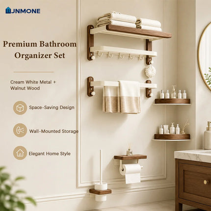 Modern Luxury Bathroom Accessories Set Walnut Wood Towel Rack Wall Mounted Bathroom Hardware Set Shelf Hooks Toilet Paper Holder