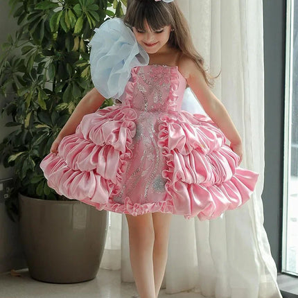 lolita princess dress for girls, summer bow, pink puffy cake dress for children, model fashion show and performance clothing