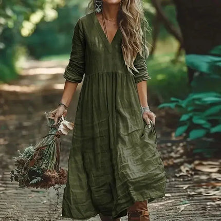 Women Dresses 2026 new cotton linen extremely popular solid color v neck fold long dresses women's clothing vestidoes