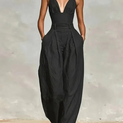 Elegant Sexy V-Neck Spaghetti Strap Jumpsuit Women High Waist Wide Leg Casual Romper Spring Boho Solid Backless Pockets Overalls
