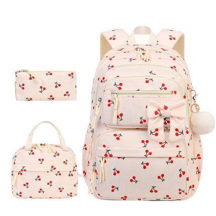 3pcs/set school backpack for girls cherry pattern primary school girl Corduroy backpack kids bookbag lunch bag pencil bag set
