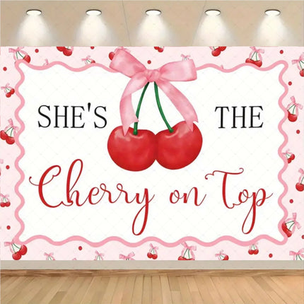 Checkered Cherry Butterfly Bow Theme Banner Background, Children's Birthday Party, Room Decoration Photography Background Cloth