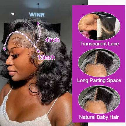 13x6 Hd Lace Frontal Wigs Glueless Human Hair Short Bob Wigs Body Water Wave Lace Front Wigs Brazilian Virgin Hair Natural Black