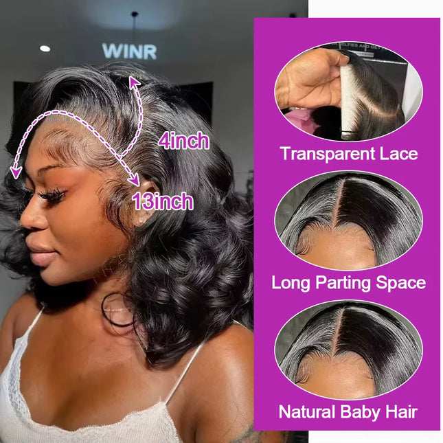 13x6 Hd Lace Frontal Wigs Glueless Human Hair Short Bob Wigs Body Water Wave Lace Front Wigs Brazilian Virgin Hair Natural Black