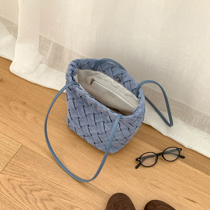 Vintage Hand Woven Checkered Shoulder Bag for Women Fashion New Korean Style Tote Bag Versatile Simple Bucket Bag