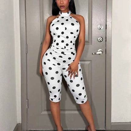 Polka Dot Off-Shoulder Long Sleeve Jumpsuit Women's Waist-Cinching Slim Fit Pleated Bodycon Backless Belted Ankle-Length Pant