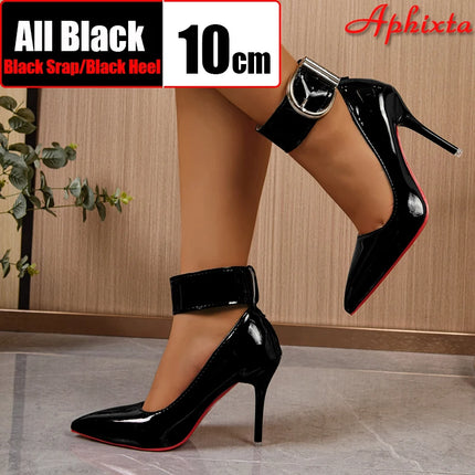 Aphixta New Arrivals 4cm Strap Metal Belt Buckle 10cm Stiletto Heels Pumps Women Party Shoes Red Black Pointed Toe Big Size 53