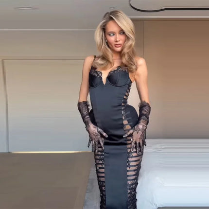 Sexy Cutout Lace Trim Satin Bodycon Midi Dress Women's Elegant Strap Slim Sleeveless Dresses Lady New Trend Club Date Night