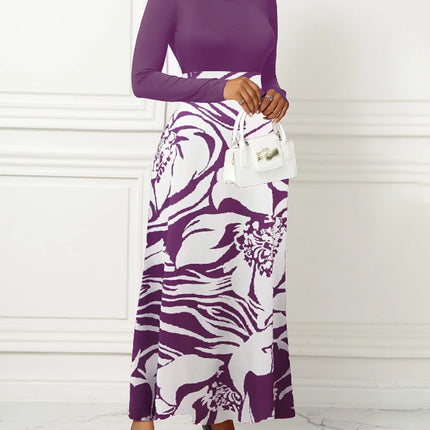 Women Dresses Long Sleeve Round Neck Printed Hem Long Dress Purple Elegant Style