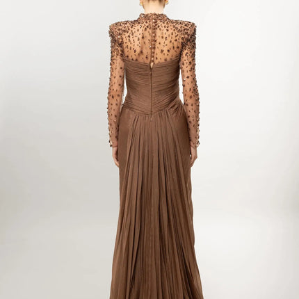 SESSRYMNIR Women'S Formal Evening Gowns Customize Scoop Neck Beading Luxury Evening Dresses Long Sleeves Straight Floor-Length
