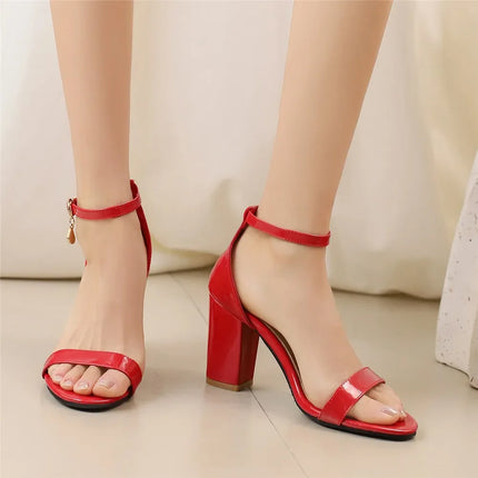 Women High Heels Sexy Sandals Open Toe Patent Leather Thick Heel Bridal Party Shoes Ladies Buckle Strap Gladiator Sandals Red