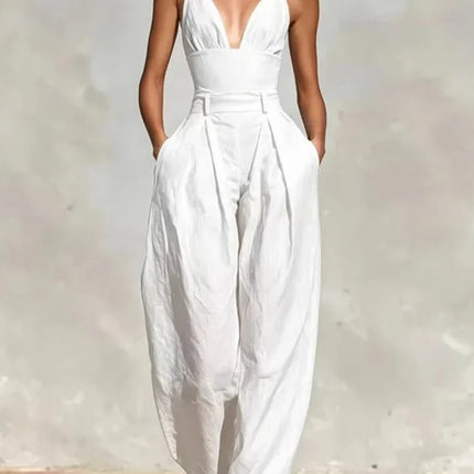 Elegant Sexy V-Neck Spaghetti Strap Jumpsuit Women High Waist Wide Leg Casual Romper Spring Boho Solid Backless Pockets Overalls
