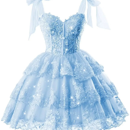 Sparkly Tiered Lace Tulle Homecoming Dresses Short Bow Straps Formal Prom Gowns Sweet 16