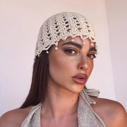 Korean Style Handmade Crochet Hat Women Summer Hollow Pearl Knitted Hat Fashion Mesh Hat Pullover Hat Cute And Sweet Beanie Hat