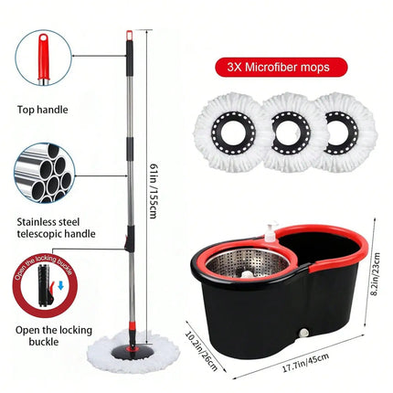 Spin Mop And Bucket With Wringer Set, 360° Mop And Bucket System With 3 Microfiber Mop Refills And 61" Extended Handle For Floor Cleaning