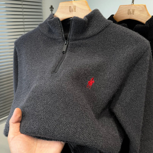 Luxury brand zipper semi high neck sweater men's high-end fashion ponytail golf embroidery winter new velvet warm knit pullover