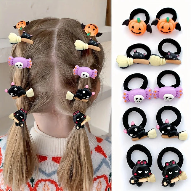 10Pcs Children's Girls' Halloween Hair Ring - Funny Pumpkin and Ghost and Bat Cat Design Suitable for Halloween Gifts for Girls