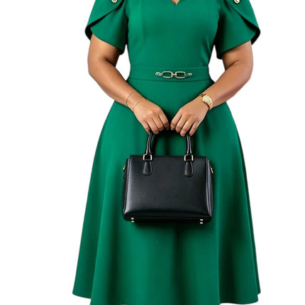 Mlaiscsr A-Line Midi Dress for Women V Neck Puff Sleeve Elegant Work Dress with Belt Formal Flowy Office Church Special Occasion