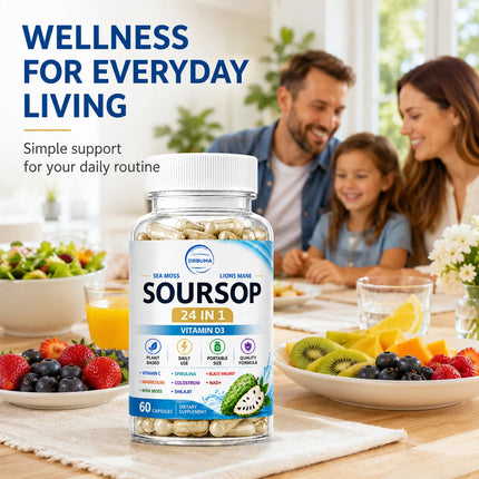 Soursop 24-in-1 Plant Nutrient Capsules, 60 Capsules – Portable Daily Dietary Supplement for Adults, Rich in Multiple Nutrients, Ideal for Home, Office and Travel Use, European & American Style Wellness Management Nutrition