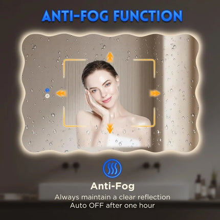 Wavy LED Bathroom Mirror 24x36 Vanity Light IP54 Anti-Fog 3 Color Dimmable