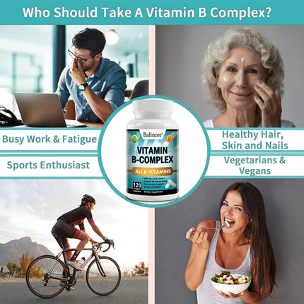 Vitamin B Complex Capsules with Vitamin C & Folic Acid, Antioxidant, Daily Energy Metabolism & Body Immune Wellness Support