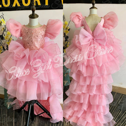 Customized Pink Flower Girl Dresses for Wedding with Bow Layered Girl First Communion Sequins Baby Kids Birthday Party Gowns