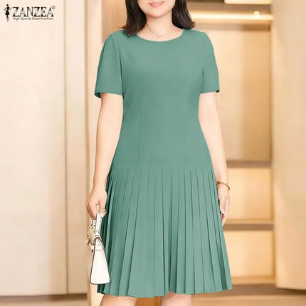 ZANZEA Women 2026 Summer Dress Elegant Pleated Dresses Stylish Office Work Midi Sundress Short Sleeve Knee Length Robe Vestidos