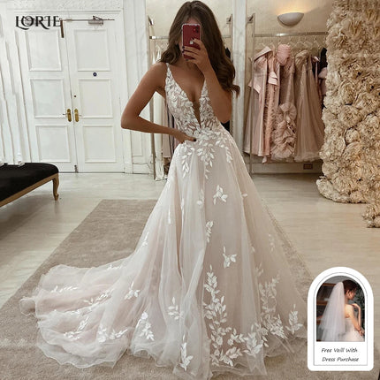 LORIE Boho Lace Elegant Wedding Dresses Low-Cut V-Neck Applique Bride Gowns Princess Spaghetti Strap Bridal Gown PartyCustomized