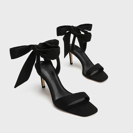 European and American Summer New Ankle Strap Women's Slim High-heeled Sandals Fashionable and Sexy Bow Party Wedding Sandals 40