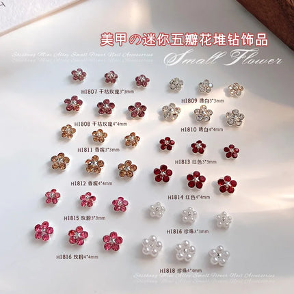 10PCS 3mm 4mm Mini 3D Nail Art Rhinestone Pearls Five-petaled Flowers Accessories For Manicure Decor Nails Decoration Supplies