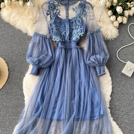 Ladies Dress Three-dimensional Flower Hook Mesh Temperament Stand Collar Lantern Sleeve High Waist Slim Female Dresses