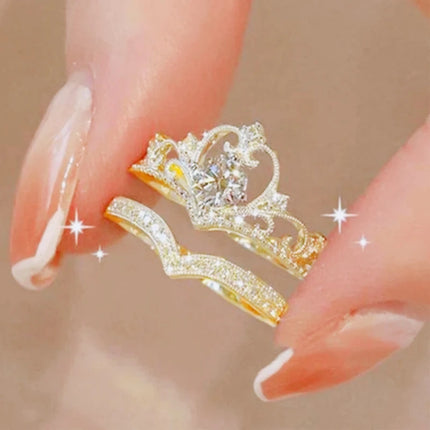 2PCS Crystal Crown Adjustable Ring Irregular Geometry Vintage Rings Set for Women Girls New Fashion Jewelry