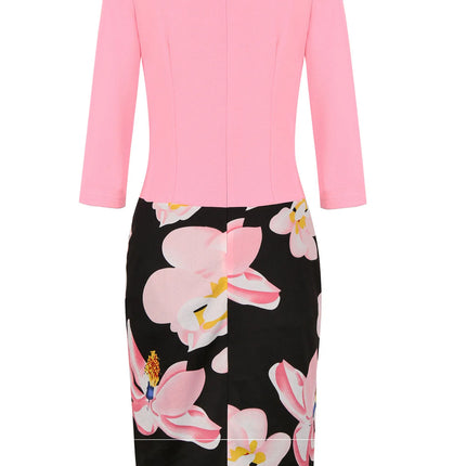 Womens Elegant Floral Print Patchwork Faux Work Office Knee Length 2/3 Sleeve Business Casual Party Pencil Bodycon Sheath Dress