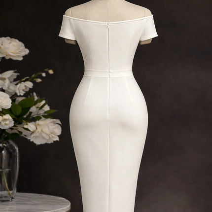 Elegant Dresses for Women New Style Off the Shoulder Bow Decorate White Solid Sheath Package Hips Front Split Mid Calf Dress New