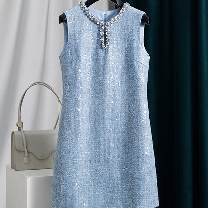 Classic Vintage Blue Sequin Beaded Tweed Sleeveless Mini Dress for Women Fall Party Cocktail Chic Elegant Trendy Casual Fashion