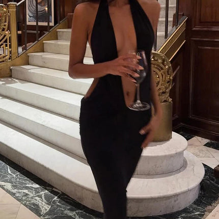 Ahagaga Fashion Halter Women's Maxi Dresses Solid Deep V-Neck Sleeveless Blackless Bandage Sheath Bodycon Party Vestidos Robes