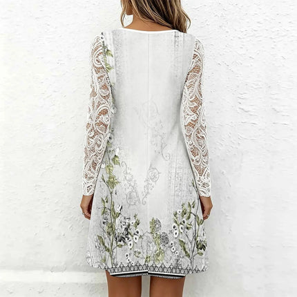 Fashion Casual Female V‑neck Long Sleeve Slim Dress Retro Elegance Dress Autumn Winter Vacation Party Knee‑length Skirt