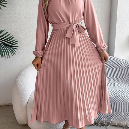 2025 Elegant Long Sleeve Fashion Dresses New Spring Women Belts Pleated Casual Solid Long Dress Casual A-Line Party Maxi Dresses