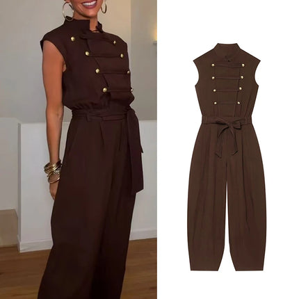 TFMLN Fashion Double Breasted Jumpsuits for Women Stand Collar Sleeveless High Waist Long Pants With Belt Elegant Rompers