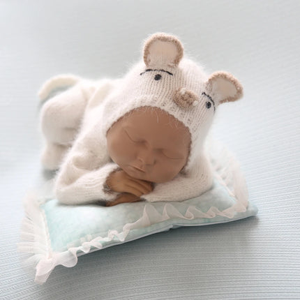 Newborn Knitted Angola Fuzzy Romper Baby Animal Outfit Photography Props Baby Cartoon Wolf Footed Overall Sets Photo Props