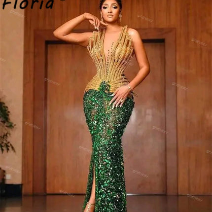 Aso Ebi Gold Green Mermaid Evening Dresses 2025 Luxury Africa Women Customized Bead Glitter Sequin Wedding Party Dress Plus Size