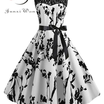 Floral Print Vintage Women Summer A Line Lace Party Dresses Robe Tunic Casual Office Ladies Dress
