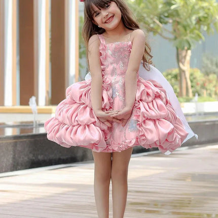 lolita princess dress for girls, summer bow, pink puffy cake dress for children, model fashion show and performance clothing